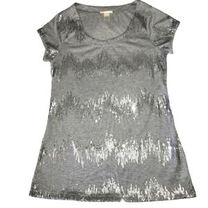 Belle du Jour Gray Silver Sequin Chevron ZigZag Short Sleeve Top Size JR XL